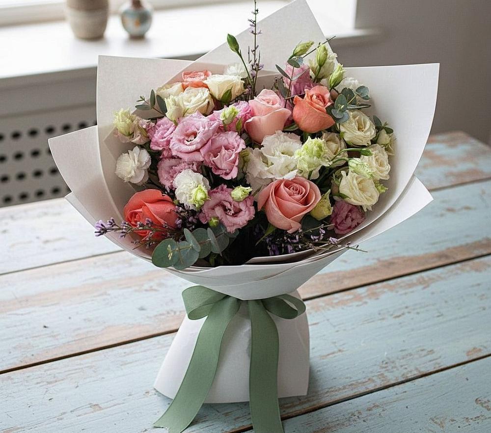 Букет цветов из: Розы, Лизиантусы и Гвоздики в Бородинской