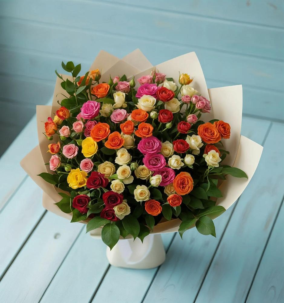 Букет Микс из разноцветных кустовых роз в Бородинской